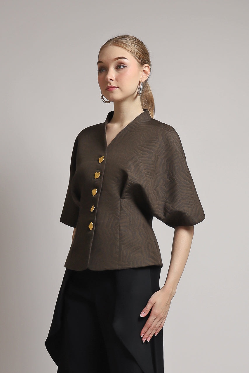 Bloom et Champs Caramel Blouse with Vintage Gold Buttons