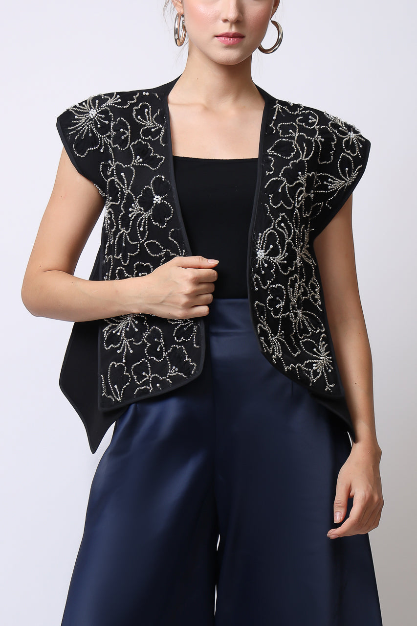 Bloom et Champs Outer Kaku Hitam Payet Kembang/ Flare Saten Pants in Navy