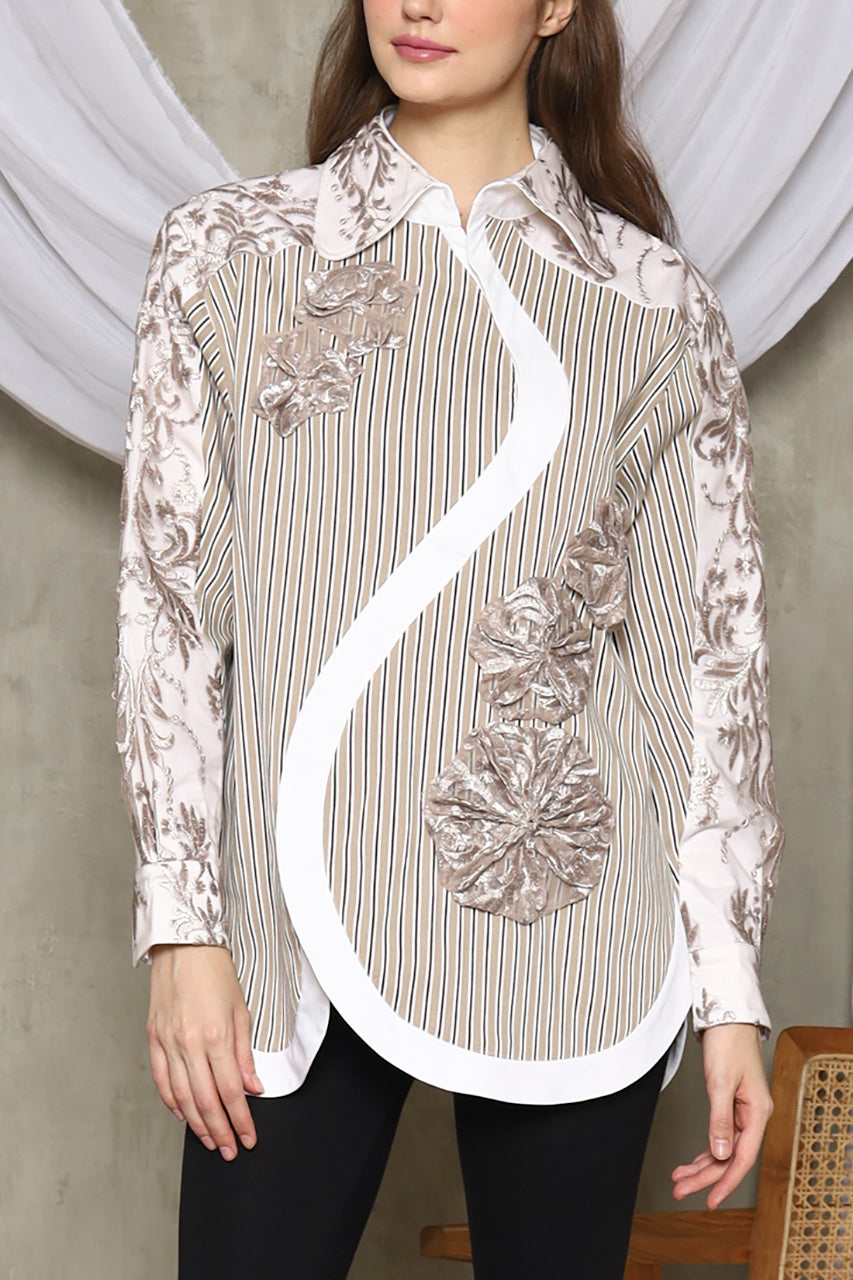 Bloom et Champs Kemeja Salur Beige Bunga Tempel