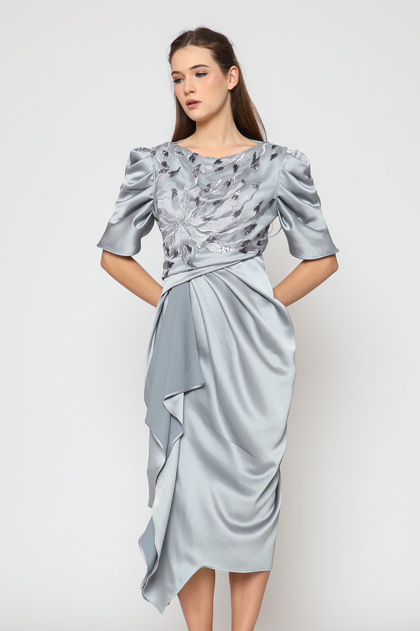 Dress Tangan Balon Silver Blue