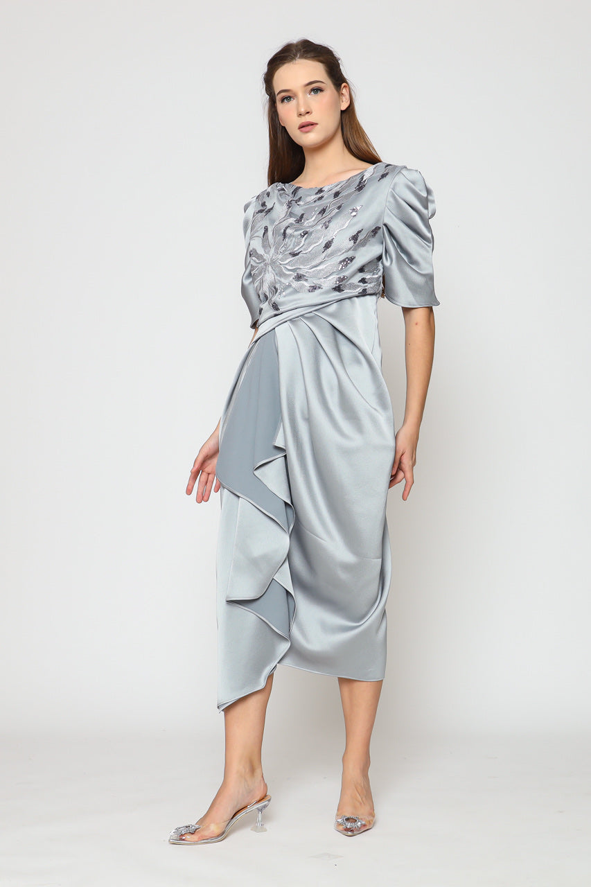 Dress Tangan Balon Silver Blue