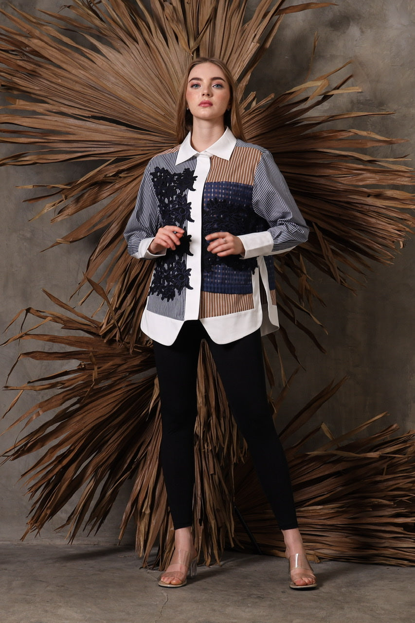 Bloom et Champs Kemeja Brukat Biru Kotak