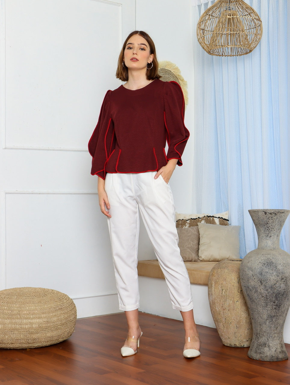 Top Tangan Balon Marun