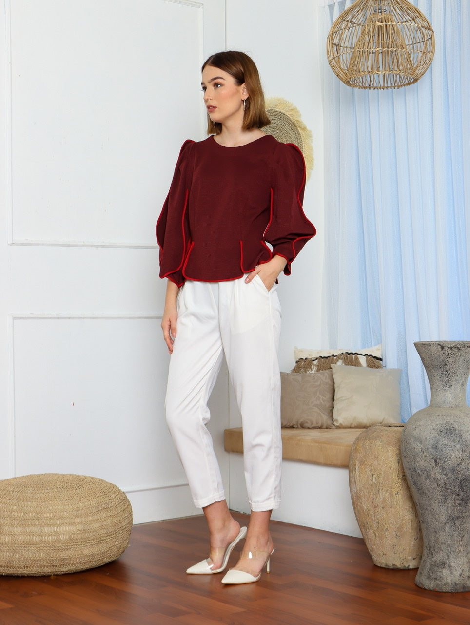 Top Tangan Balon Marun