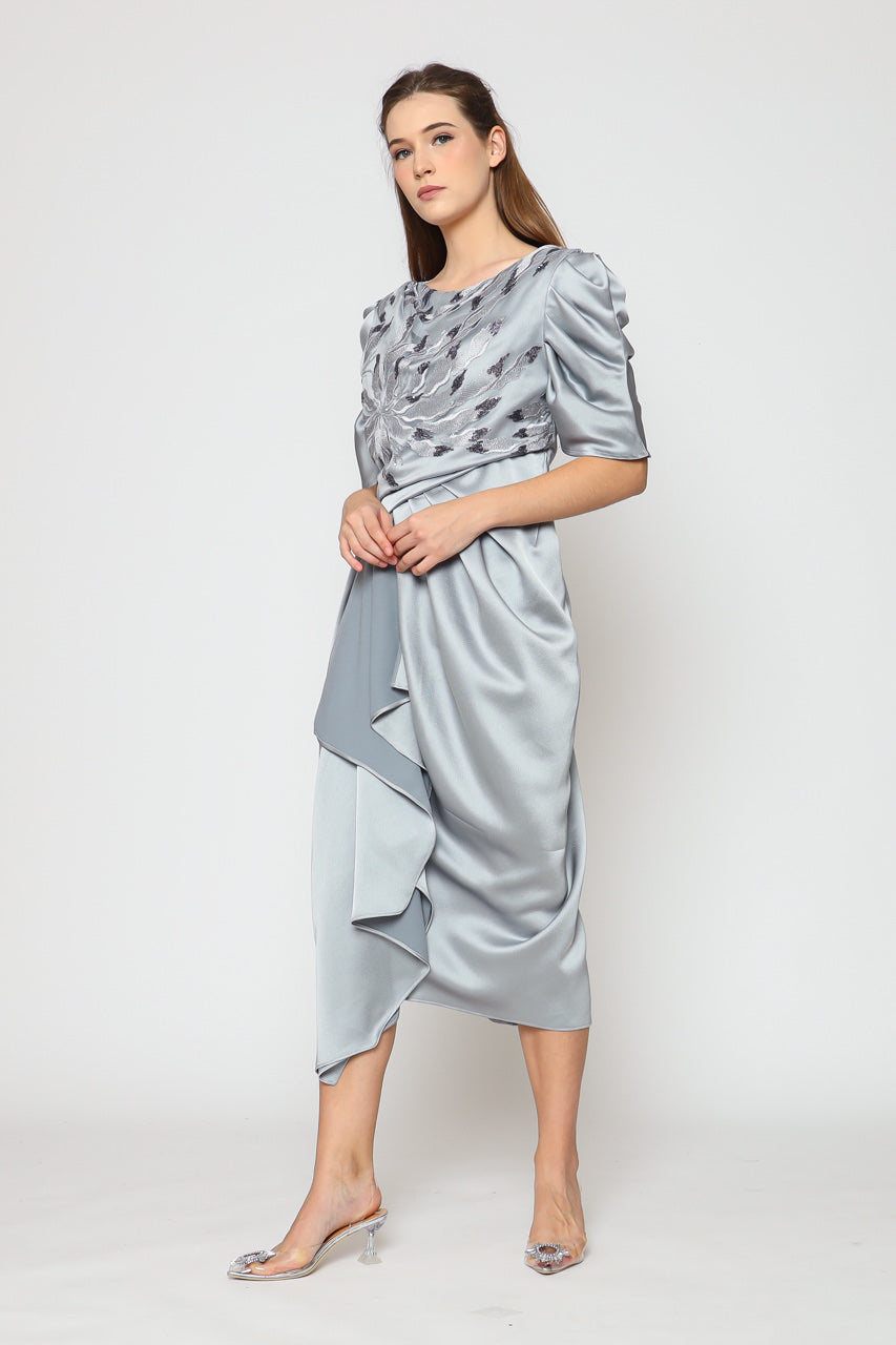 Dress Tangan Balon Silver Blue