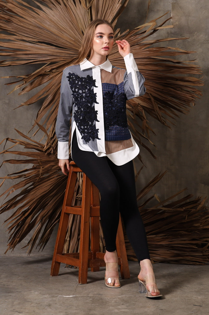 Bloom et Champs Kemeja Brukat Biru Kotak