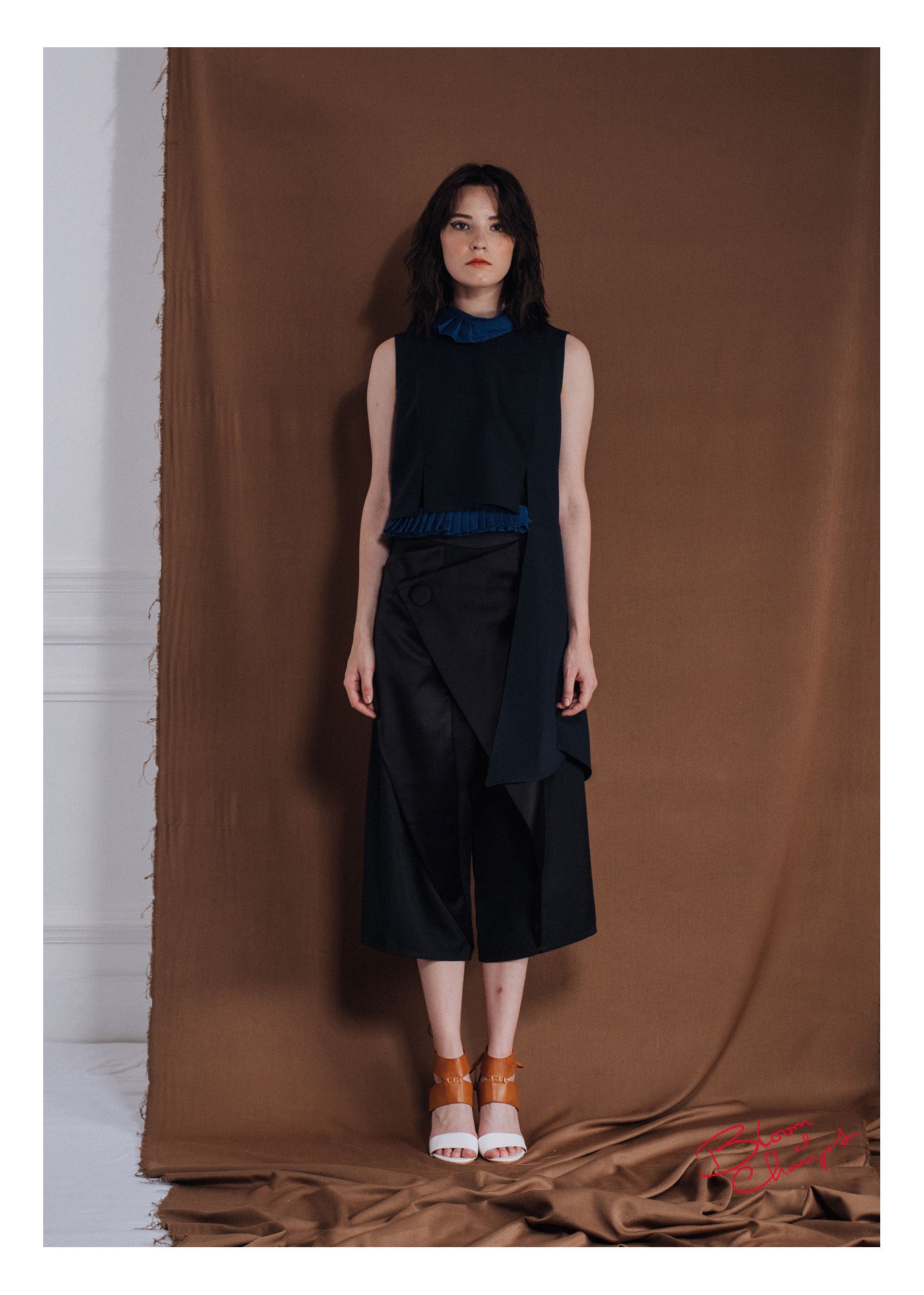 Navy Pleated Collar Top