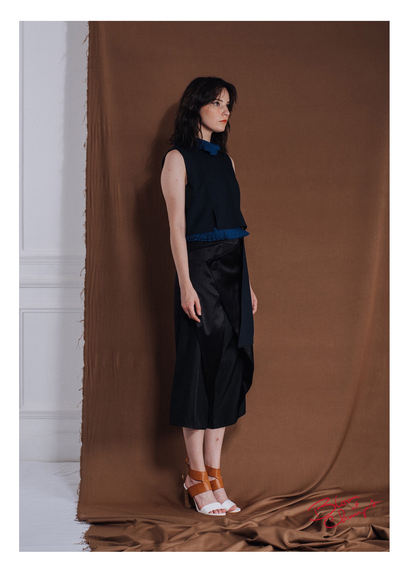 Navy Pleated Collar Top