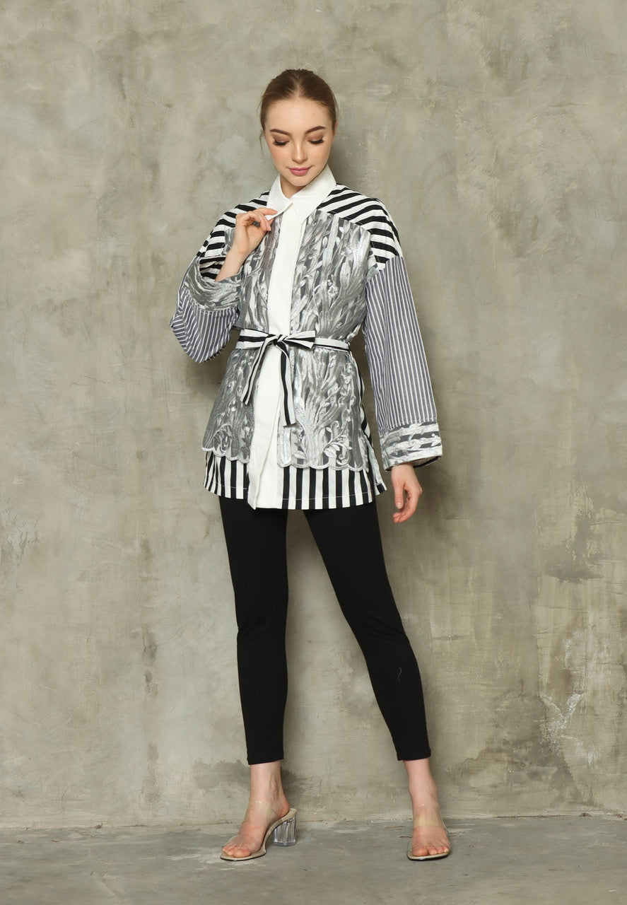 Kemeja Stripes Tile Bordir Abu Putih