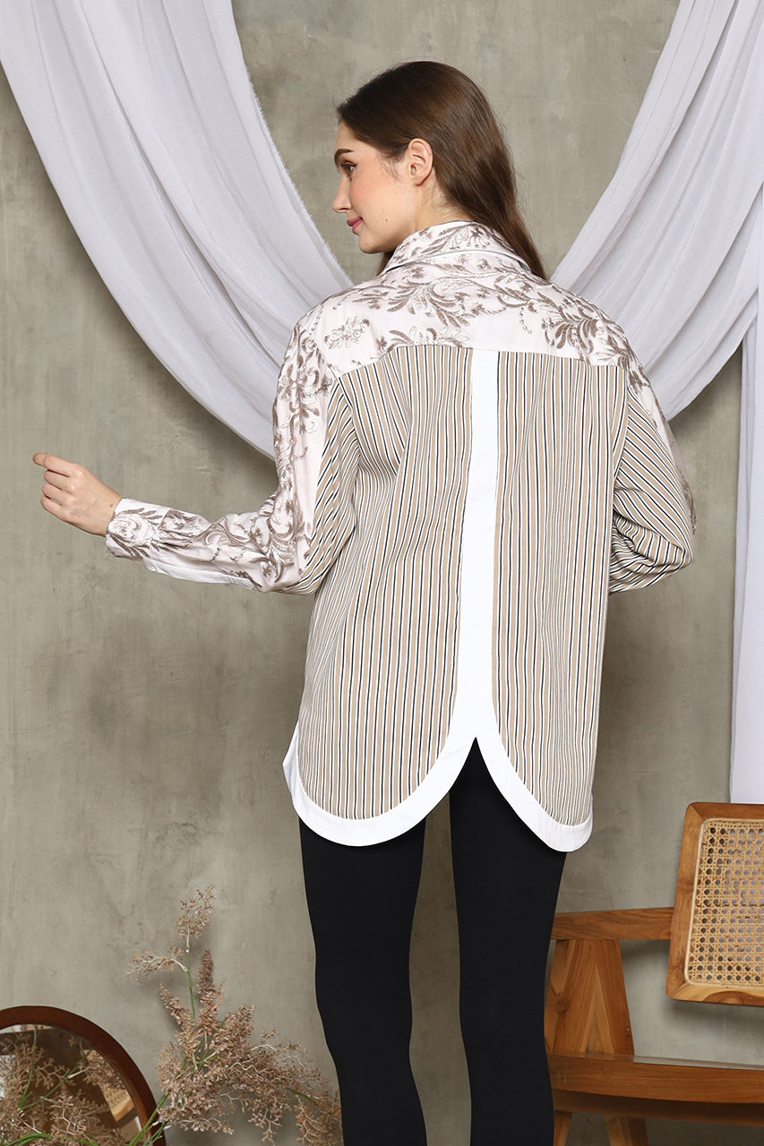 Bloom et Champs Kemeja Salur Beige Bunga Tempel