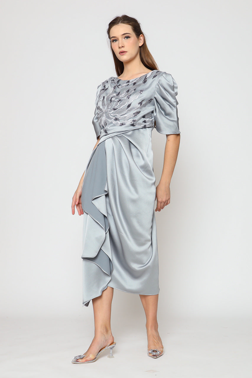 Dress Tangan Balon Silver Blue