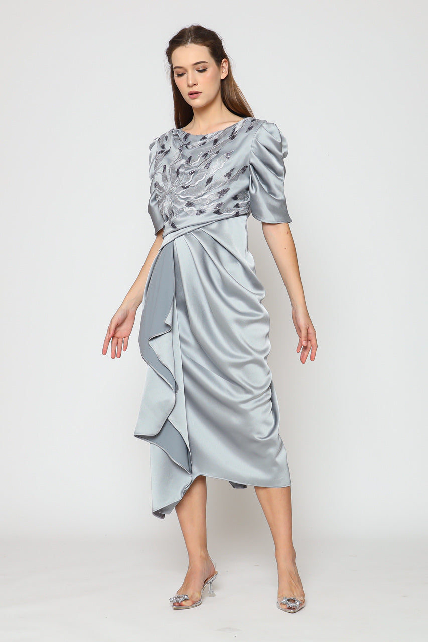 Dress Tangan Balon Silver Blue