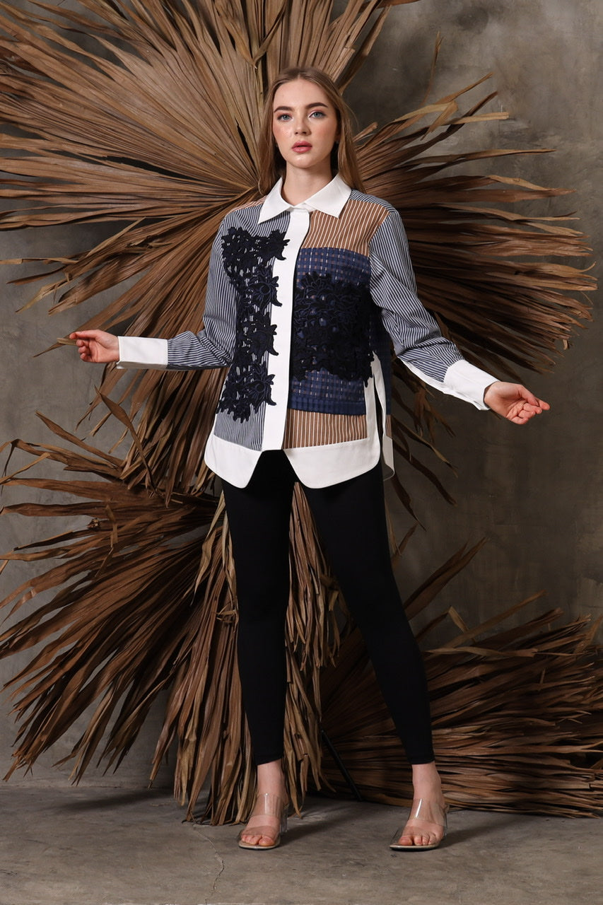 Bloom et Champs Kemeja Brukat Biru Kotak