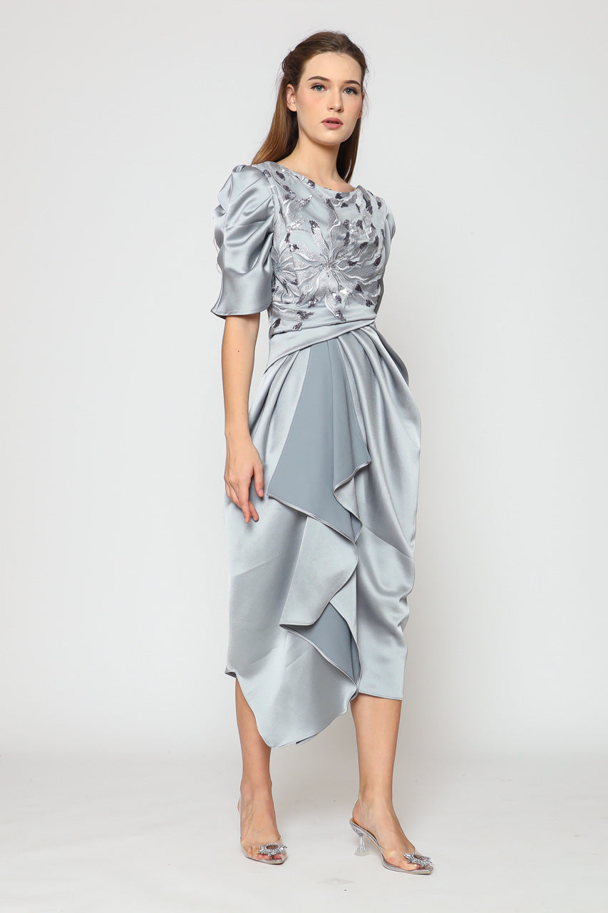 Dress Tangan Balon Silver Blue