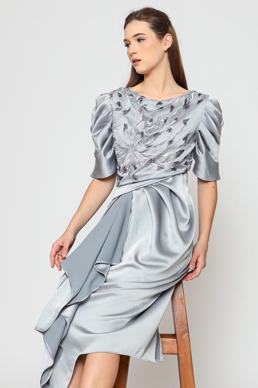 Dress Tangan Balon Silver Blue