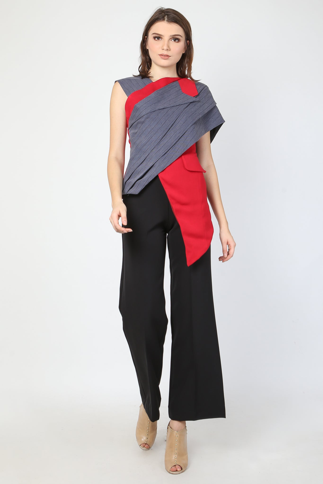 Top Kemben Lapel Abu Merah