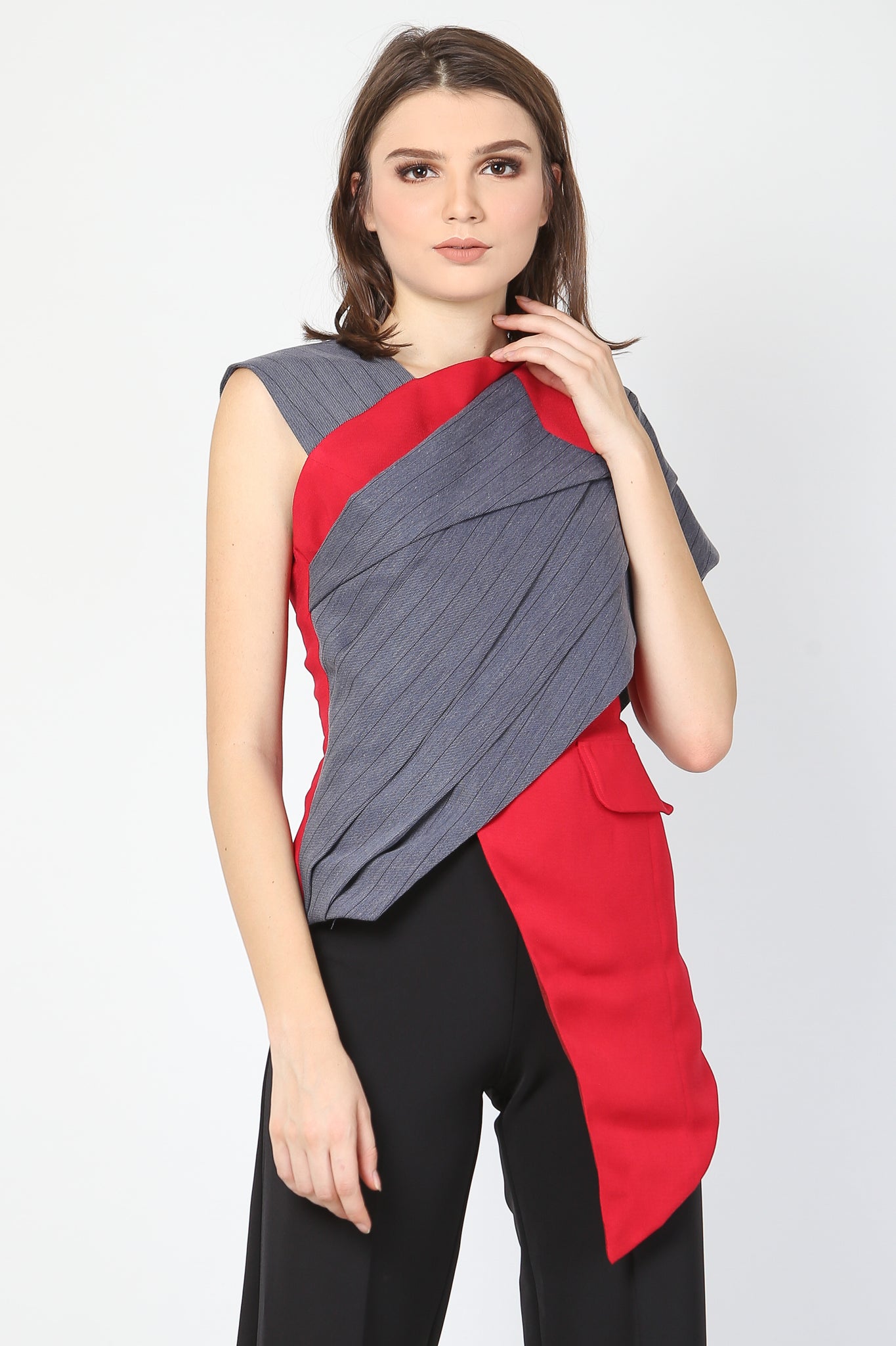 Top Kemben Lapel Abu Merah