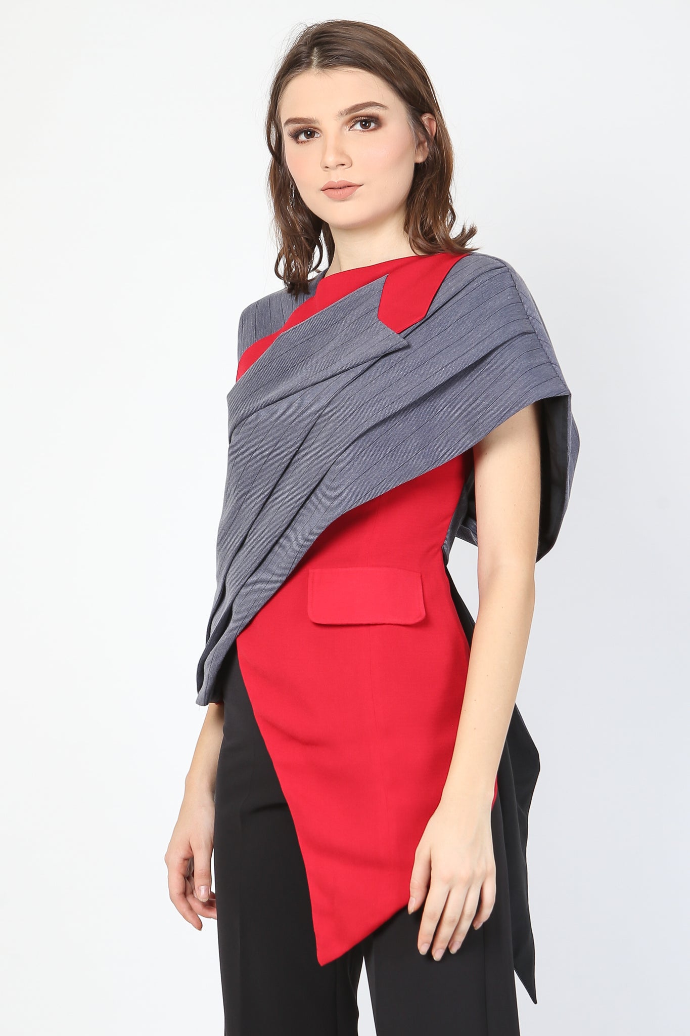 Top Kemben Lapel Abu Merah