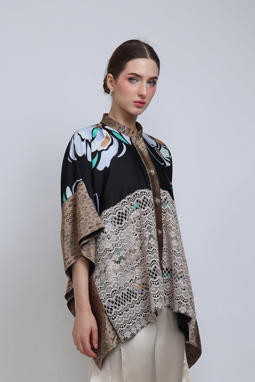 Bloom et Champs Top Lawar Brukat Kembang/Celana Doremi Krem