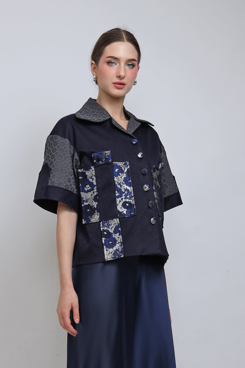 Kemeja Golden Navy/Flare Saten Navy Pants