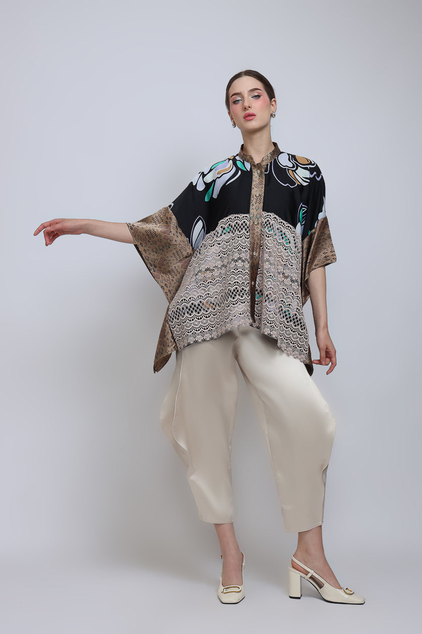 Bloom et Champs Top Lawar Brukat Kembang/Celana Doremi Krem