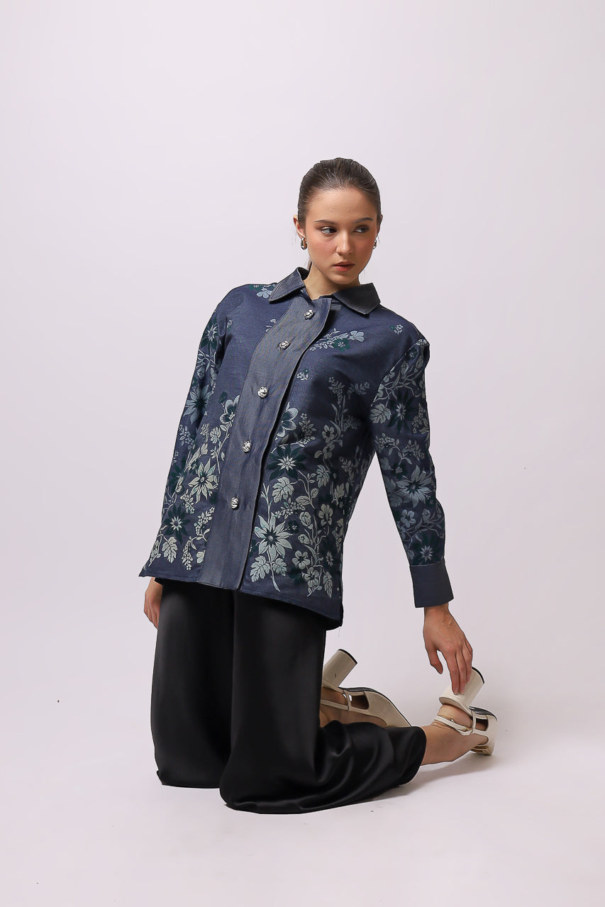 Bloom et Champs Kemeja Denim Print/Flare Saten Pants