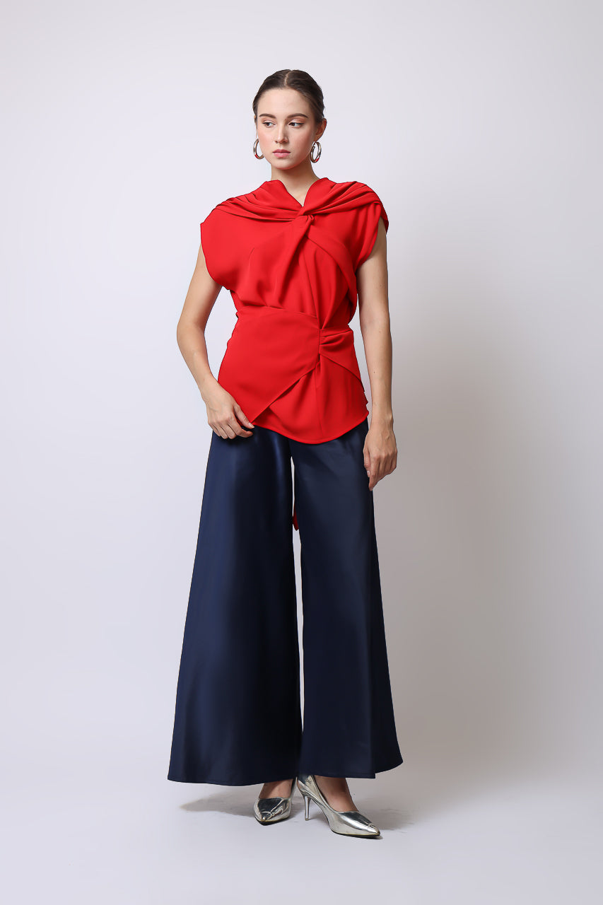Bloom et Champs Top Knot Merah/Celana Saten Lebar Navy