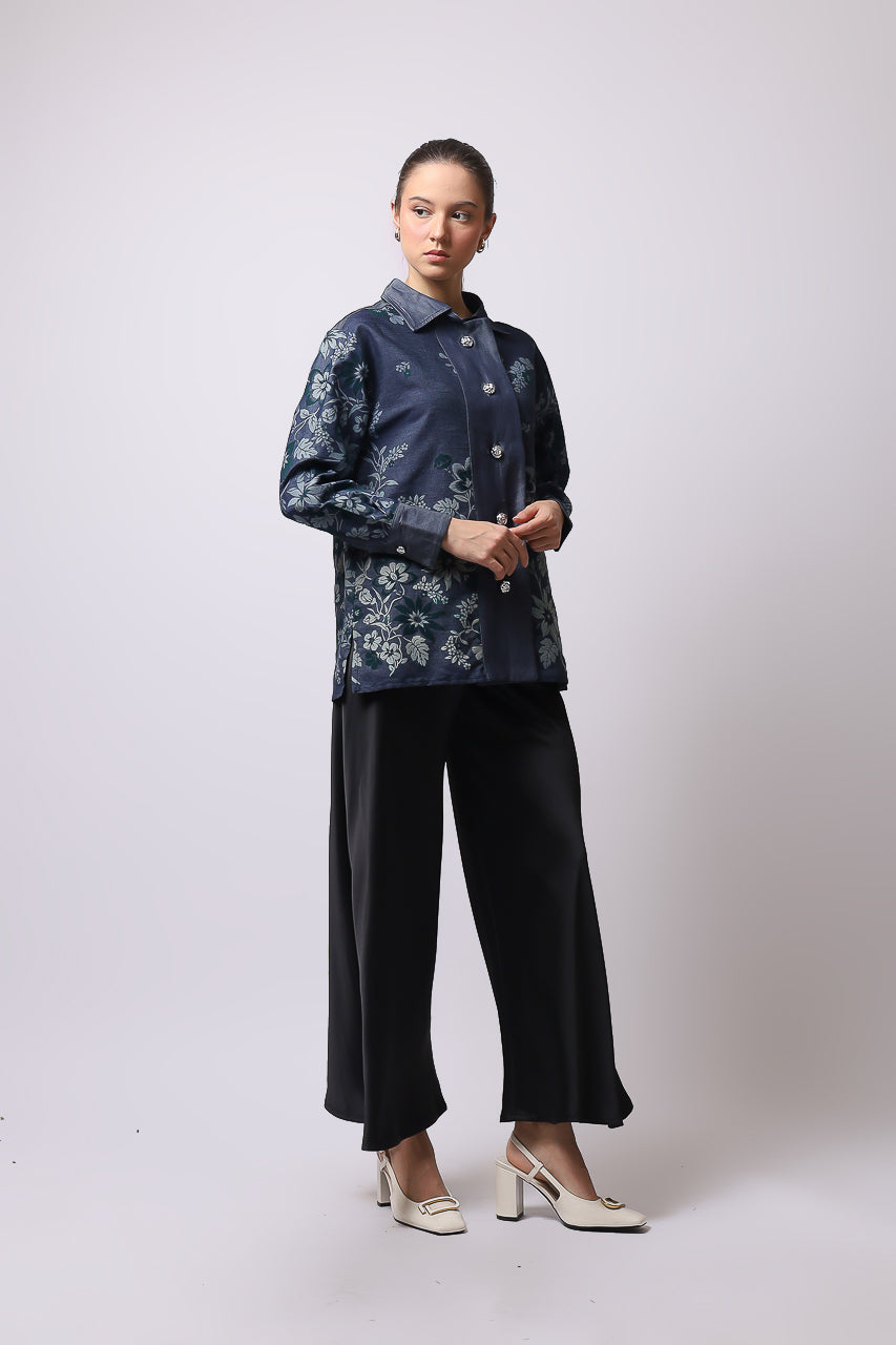 Bloom et Champs Kemeja Denim Print/Flare Saten Pants