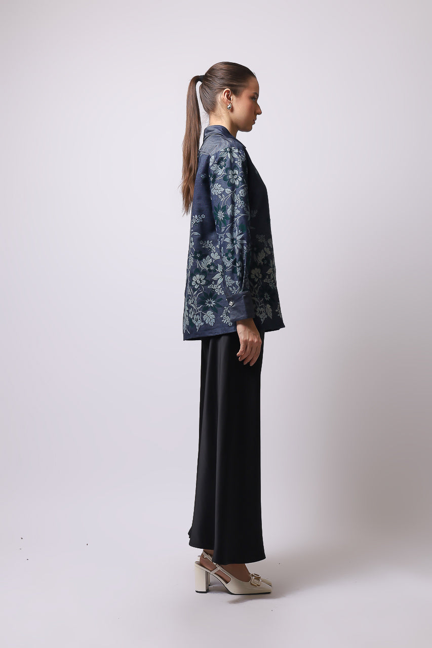 Bloom et Champs Kemeja Denim Print/Flare Saten Pants