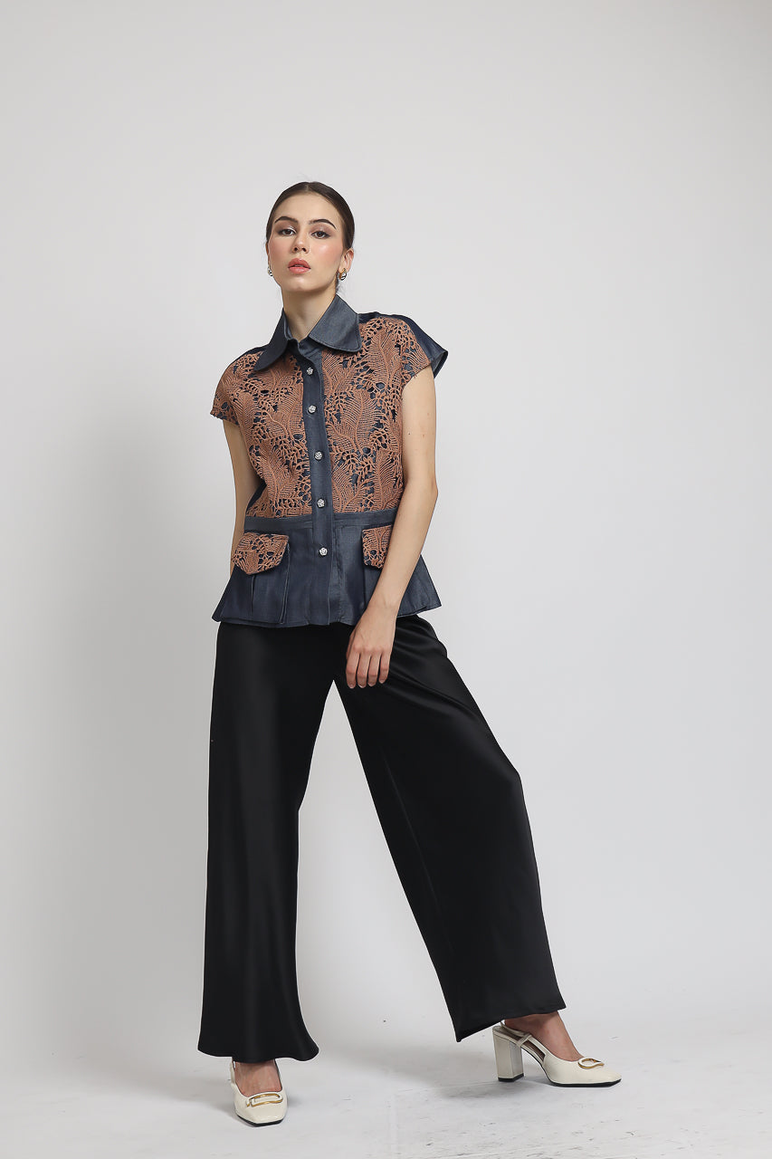 Bloom et Champs Paris Denim Blouse/Flare Saten Pants