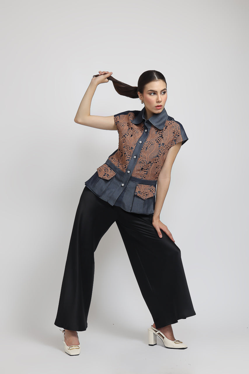 Bloom et Champs Paris Denim Blouse/Flare Saten Pants