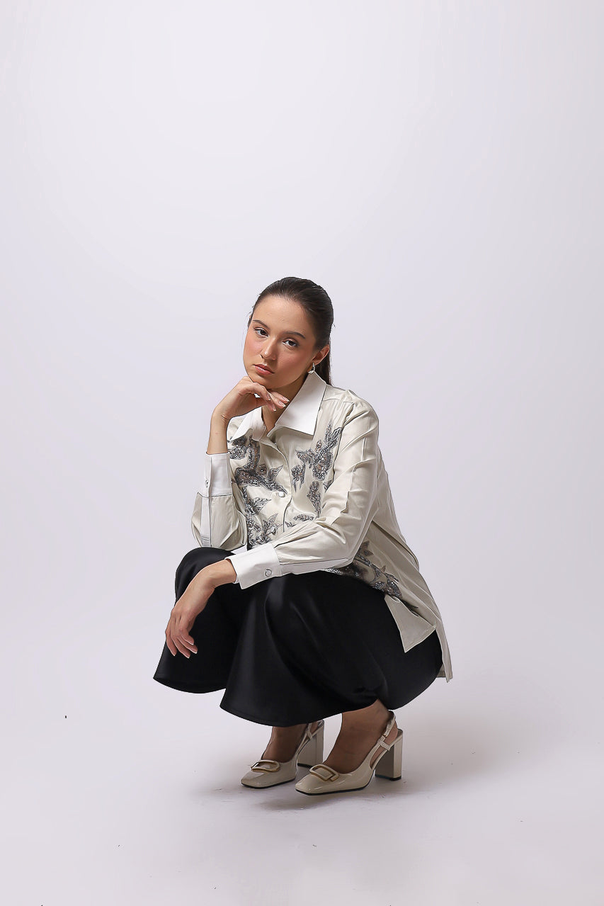Bloom et Champs Kemeja Abu Payet/Flare Saten Pants