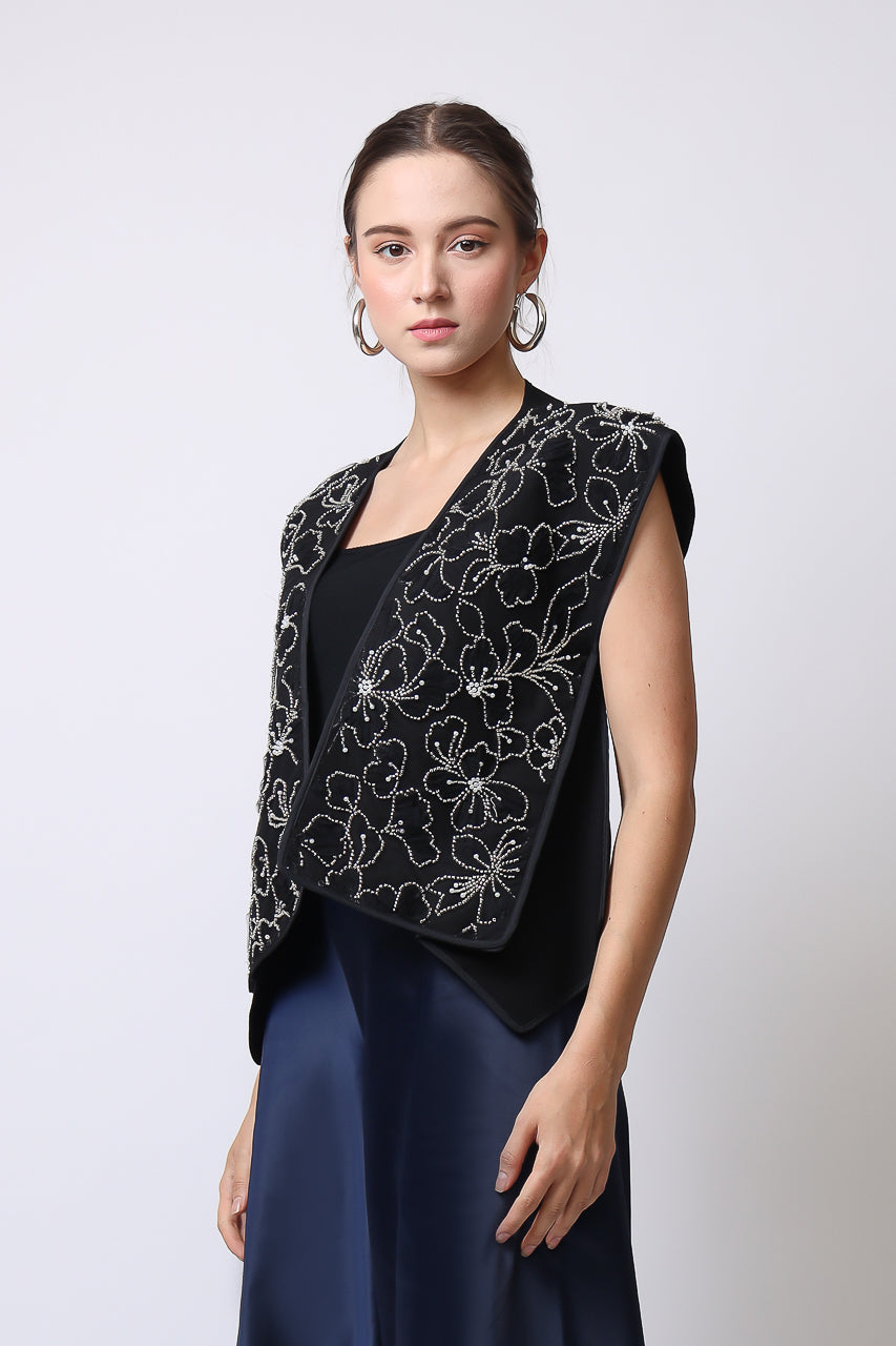 Bloom et Champs Outer Kaku Hitam Payet Kembang/ Flare Saten Pants in Navy