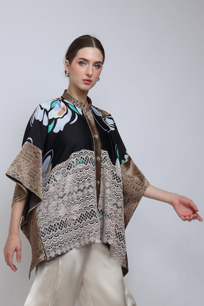 Bloom et Champs Top Lawar Brukat Kembang/Celana Doremi Krem