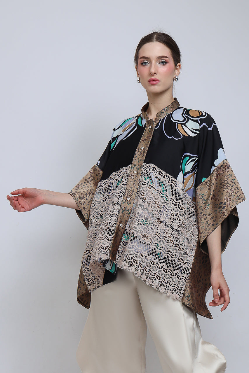 Bloom et Champs Top Lawar Brukat Kembang/Celana Doremi Krem