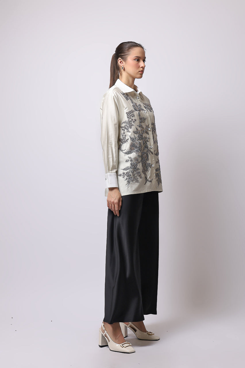 Bloom et Champs Kemeja Abu Payet/Flare Saten Pants