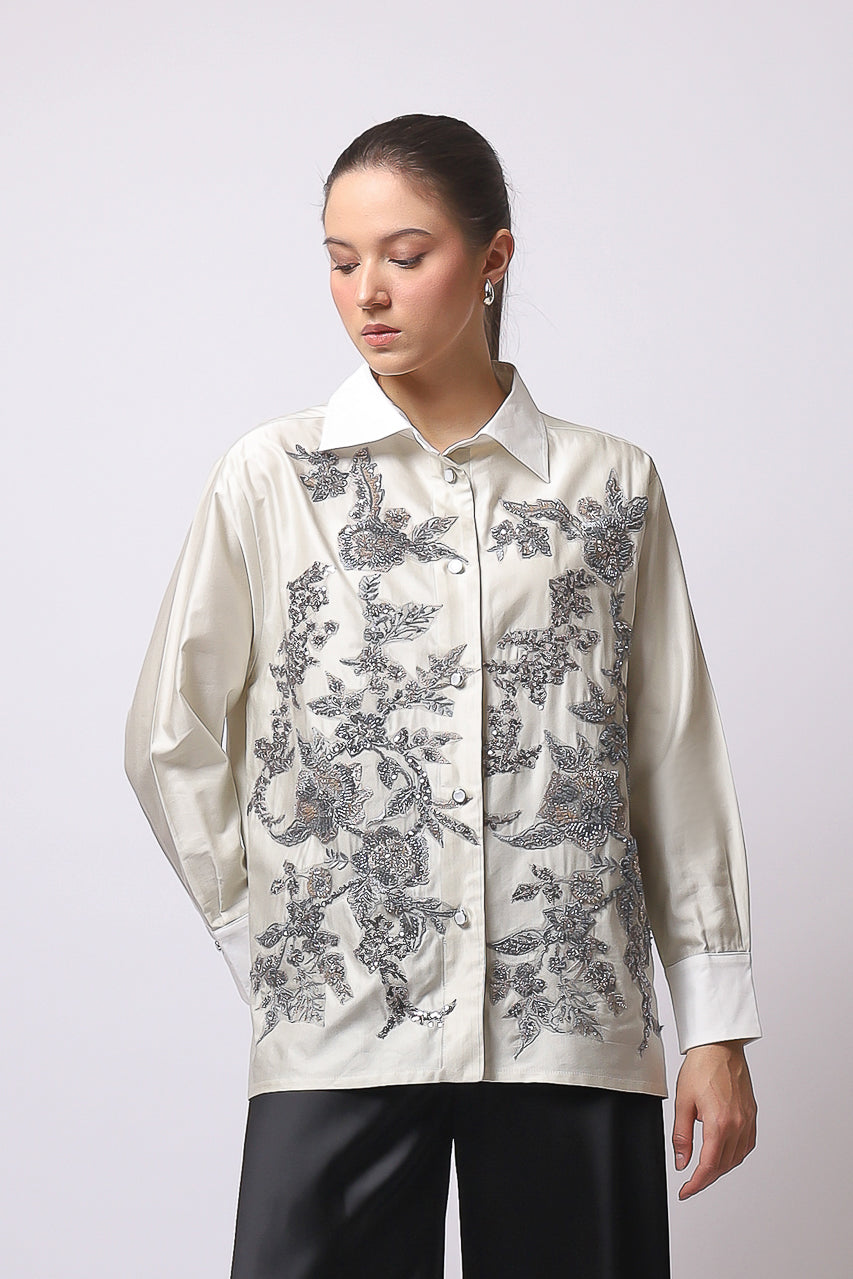 Bloom et Champs Kemeja Abu Payet/Flare Saten Pants