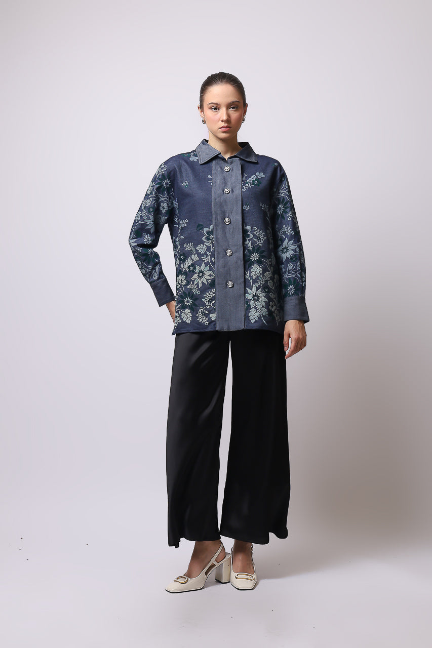 Bloom et Champs Kemeja Denim Print/Flare Saten Pants