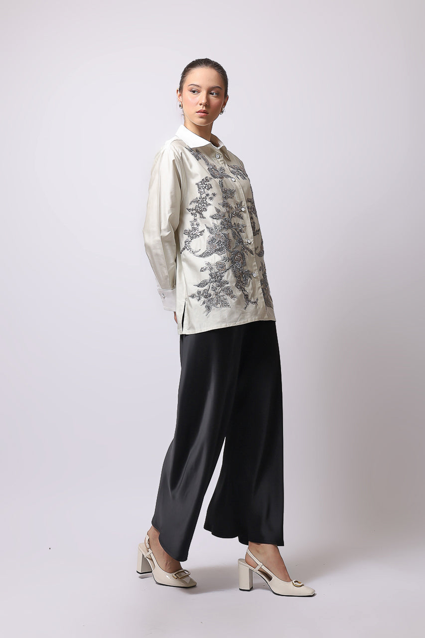 Bloom et Champs Kemeja Abu Payet/Flare Saten Pants