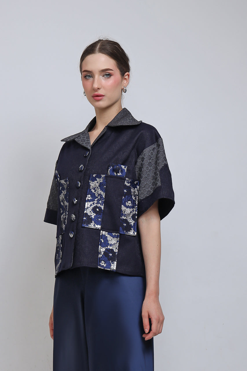 Kemeja Golden Navy/Flare Saten Navy Pants