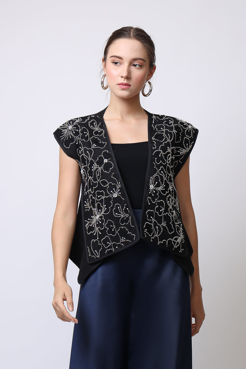 Bloom et Champs Outer Kaku Hitam Payet Kembang/ Flare Saten Pants in Navy