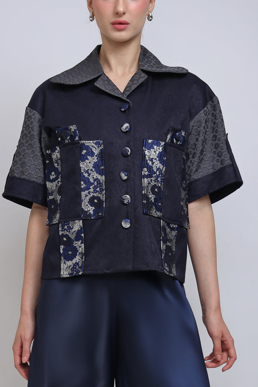 Kemeja Golden Navy/Flare Saten Navy Pants