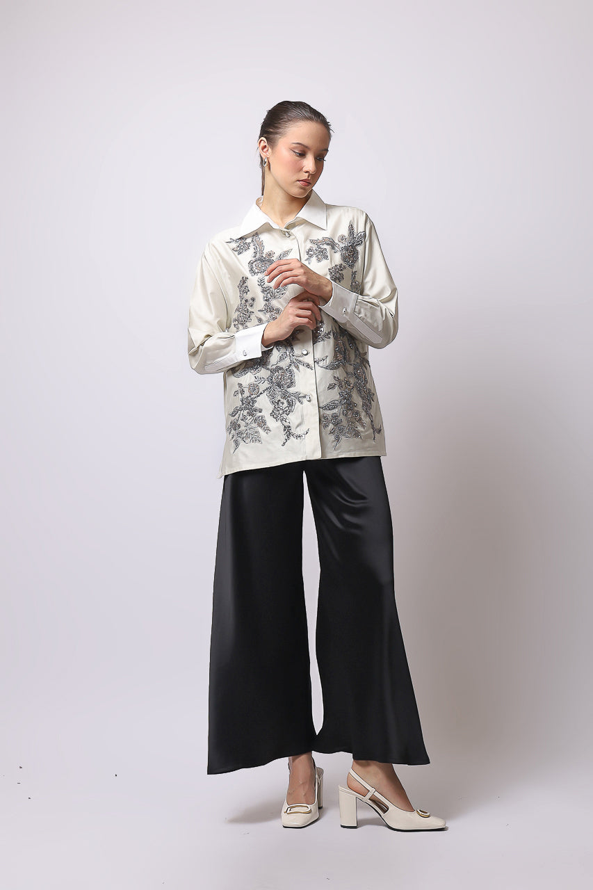 Bloom et Champs Kemeja Abu Payet/Flare Saten Pants