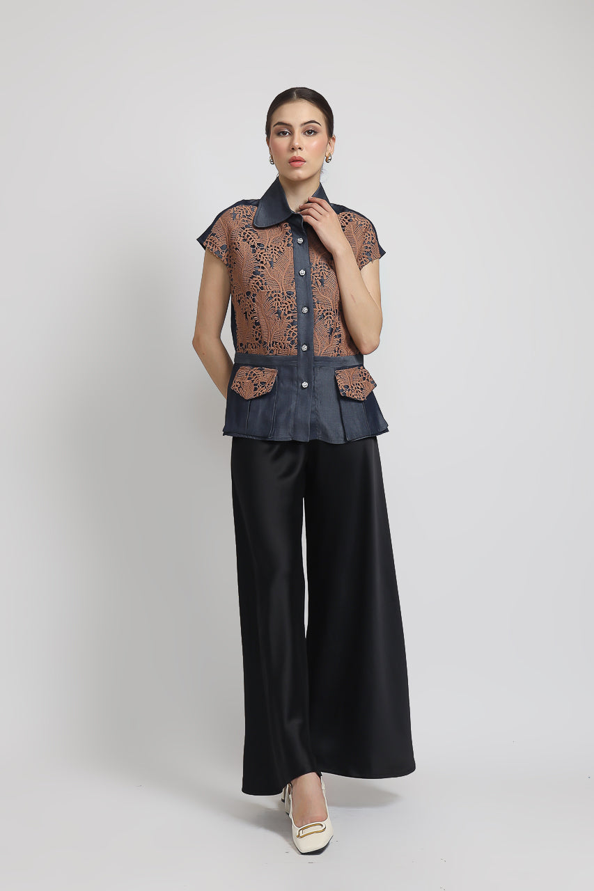 Bloom et Champs Paris Denim Blouse/Flare Saten Pants