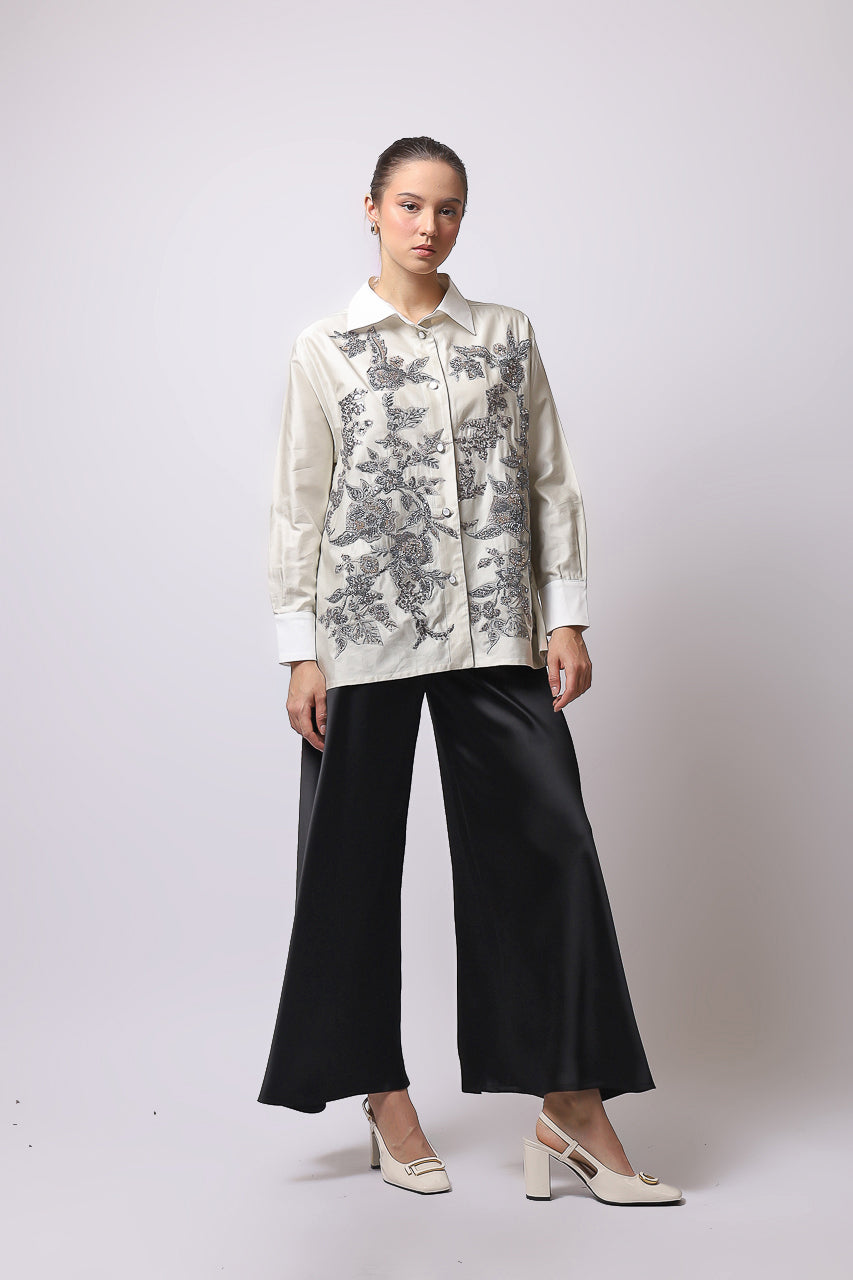 Bloom et Champs Kemeja Abu Payet/Flare Saten Pants