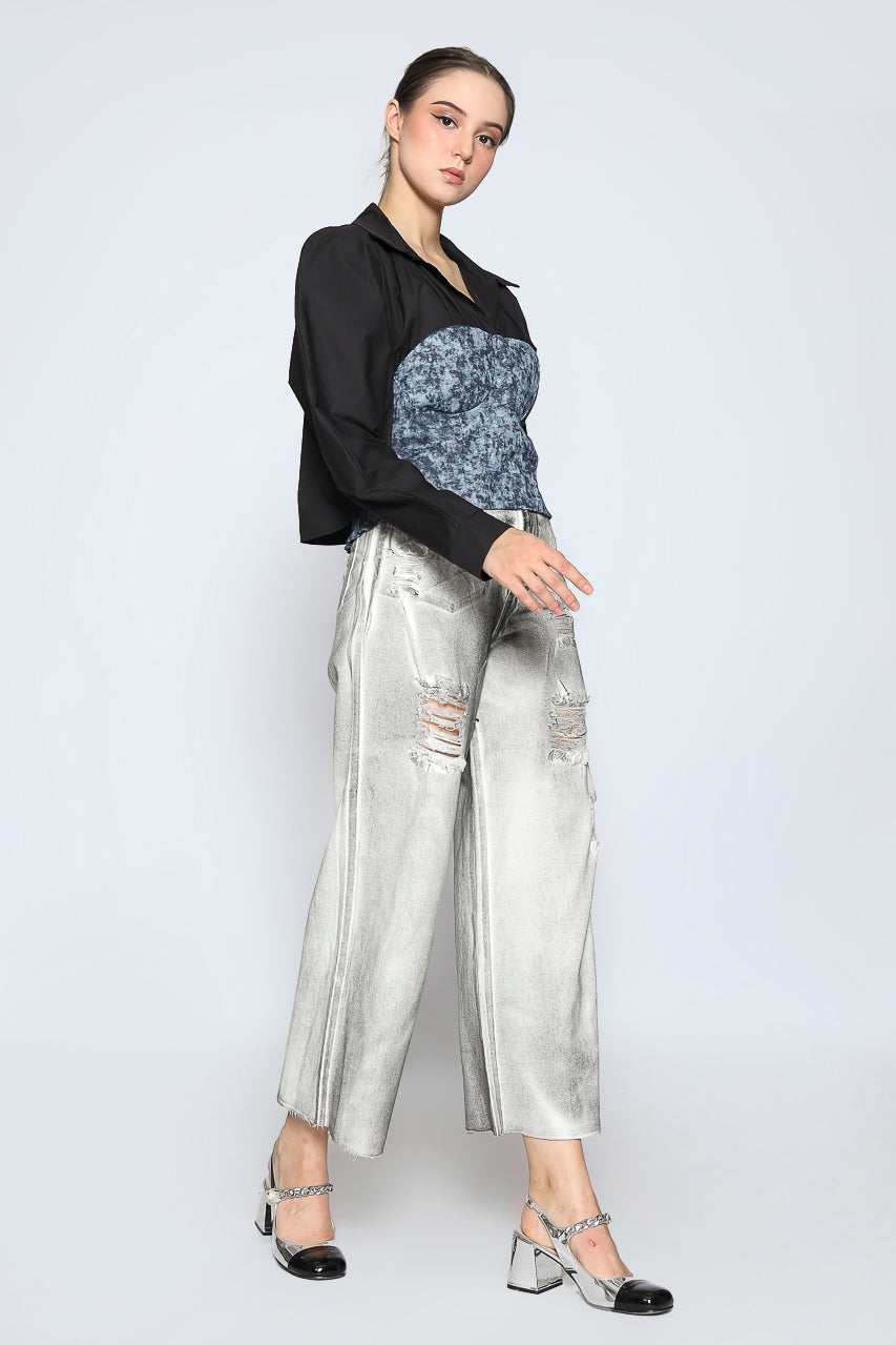 Bloom et Cotton Denim Print Top Black