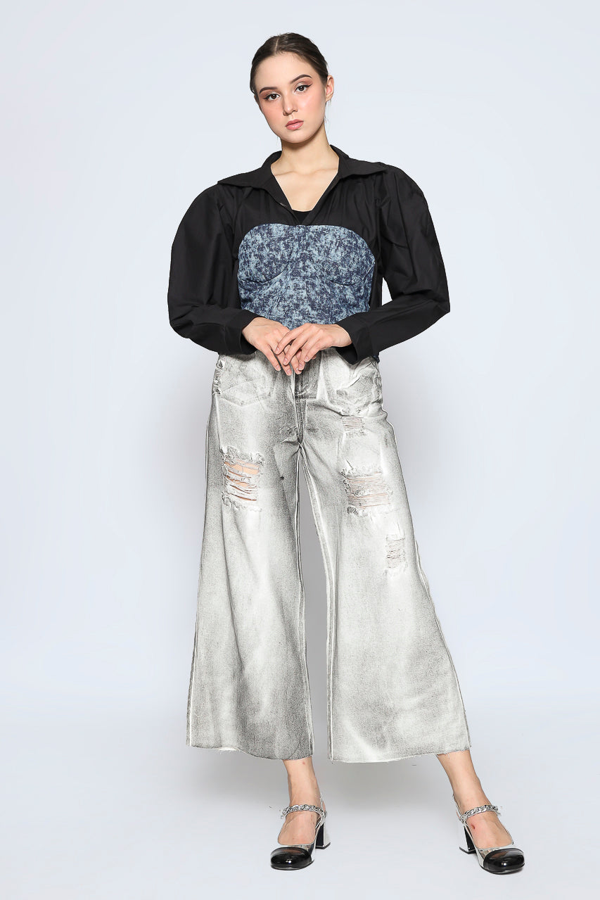 Bloom et Cotton Denim Print Top Black