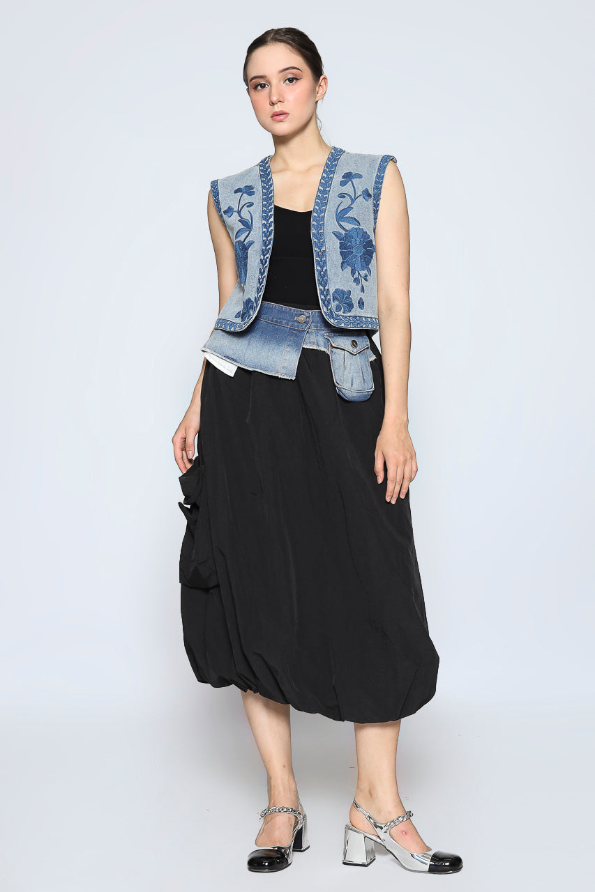 Bloom et Champs Baloon Skirt Black Denim/ Embroidered Denim Vest