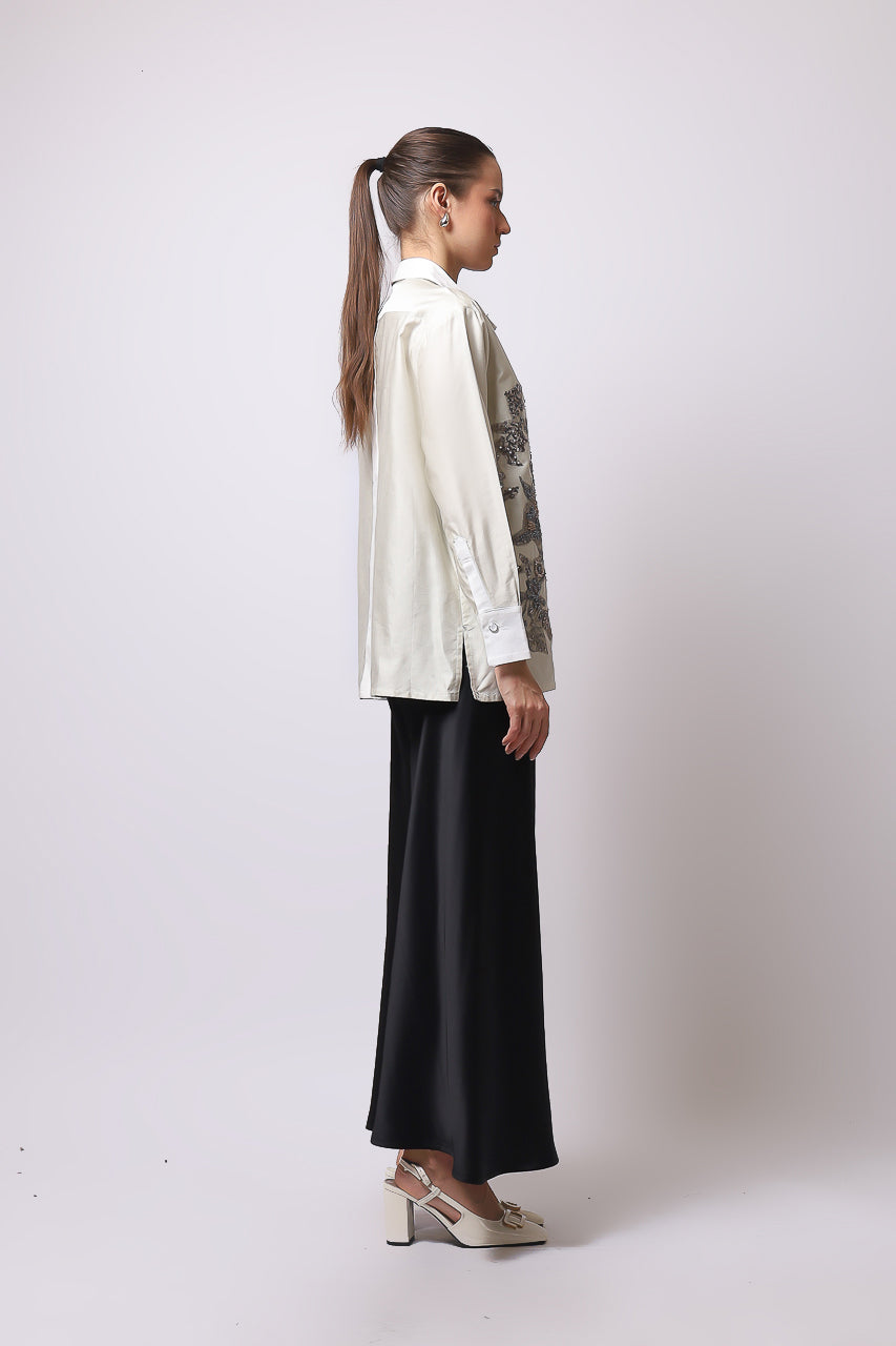 Bloom et Champs Kemeja Abu Payet/Flare Saten Pants
