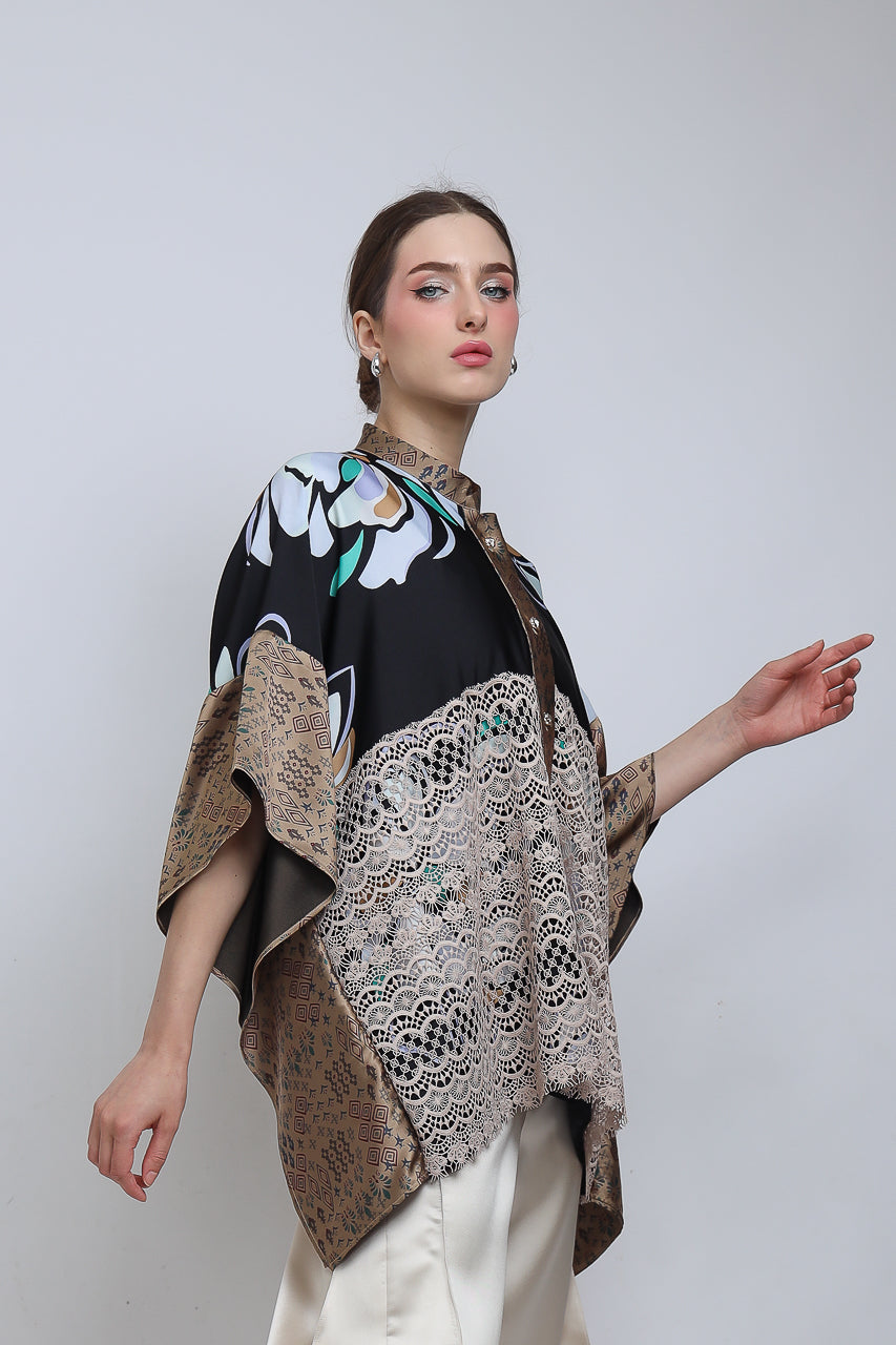 Bloom et Champs Top Lawar Brukat Kembang/Celana Doremi Krem